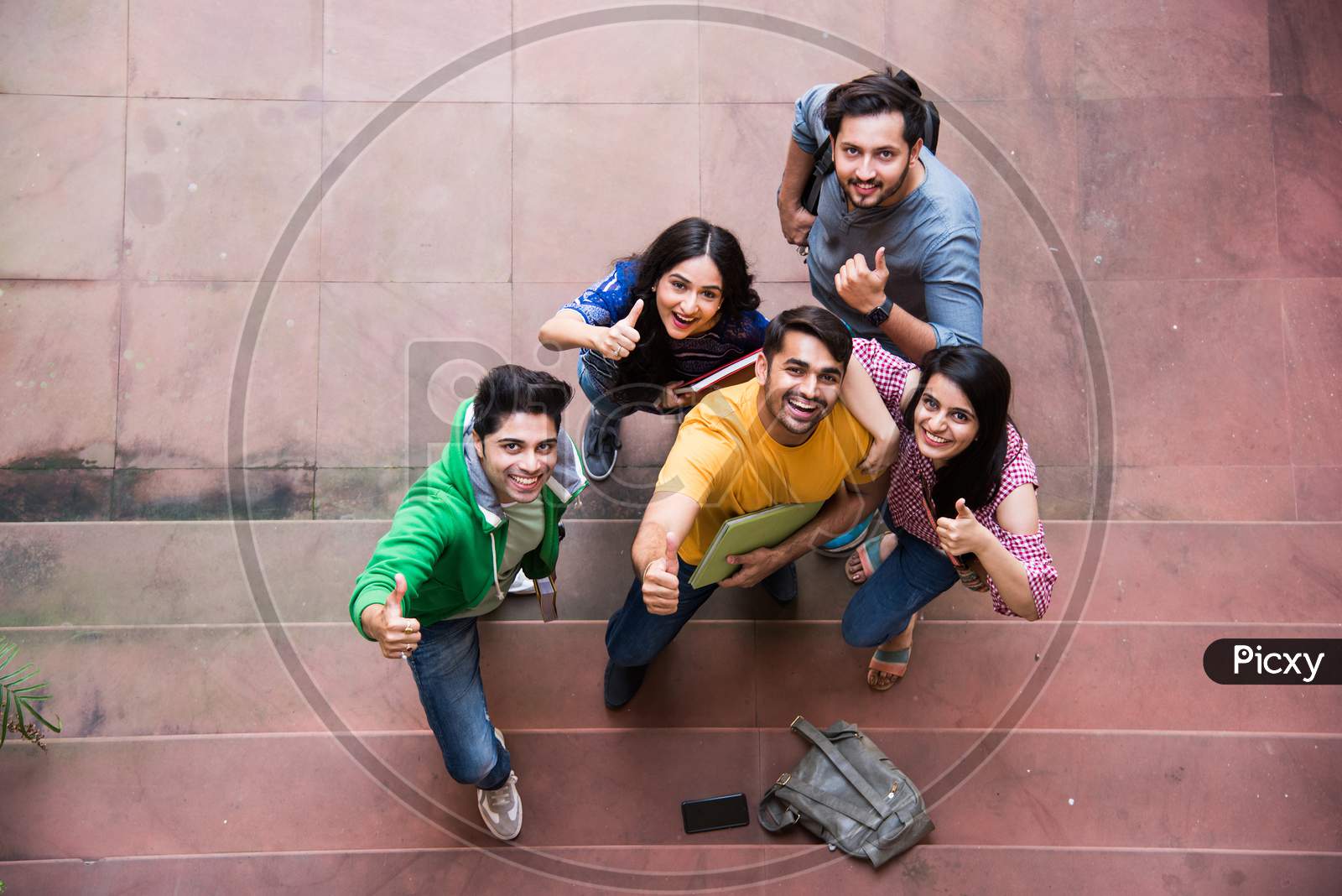 Cheerful Indian Asian Young Students Enjoying Togetherness In College Campus Top View