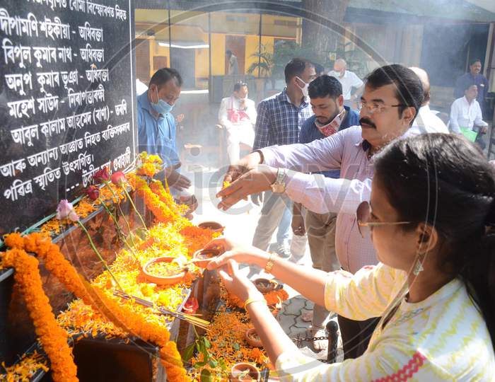 Family members pay tribute to the victims of October 30, 2008, serial bomb blasts on its twelve anniversaries at CJM court premises, in Guwahati, Friday, October 30, 2020.