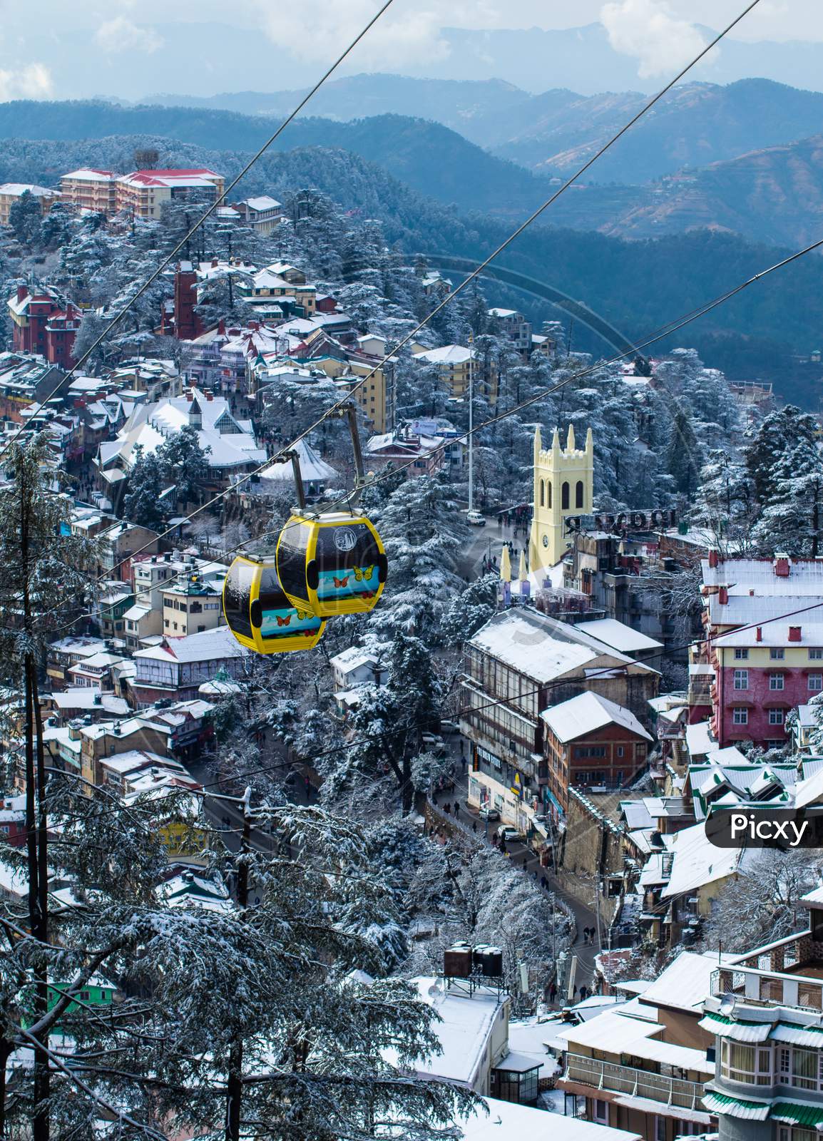 Cable car or ropeway in shimla during winters snowfall.
