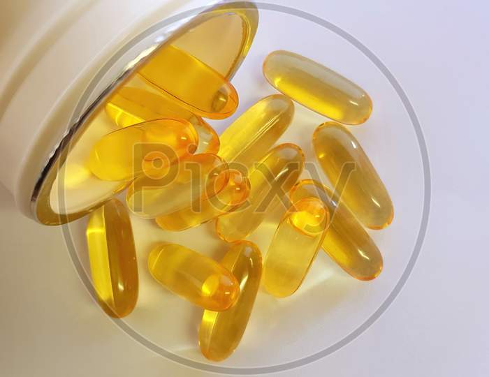 Fish Oil Capsules With Omega 3 And Vitamin D For Daily Supplement, Healthy Diet