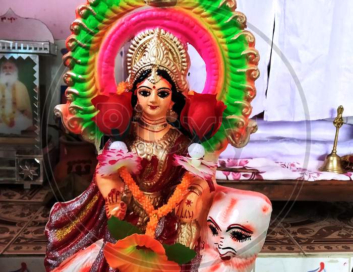 Close Image Of Clay Made Goddess Laxmi Idol For Worship In Hindu Culture