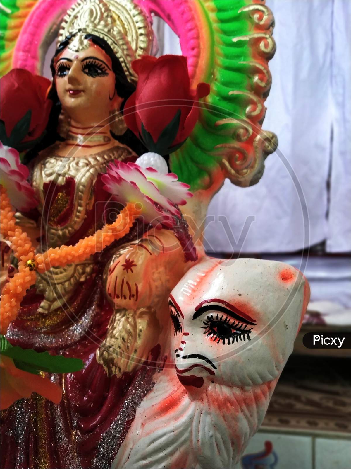 Close Image Of Clay Made Goddess Laxmi Idol For Worship In Hindu Culture