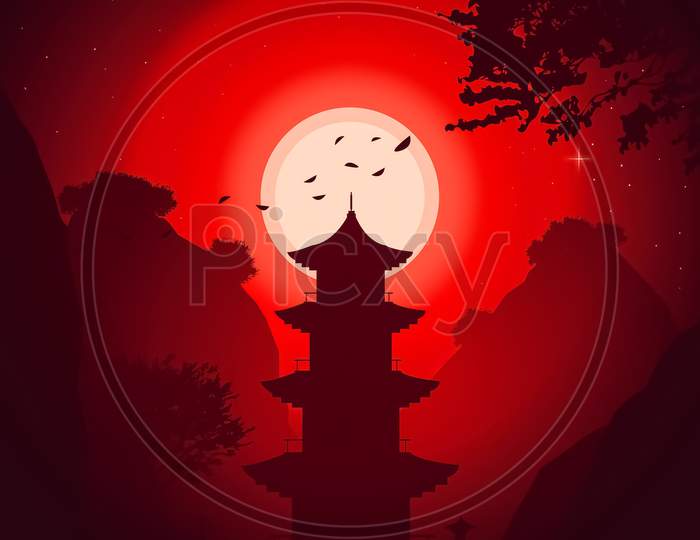 Digital Art Illustration Of An Japanese Pagoda : Long Old Japanese Towers Behind The Sun With Trees And Mountains With Red Texture.