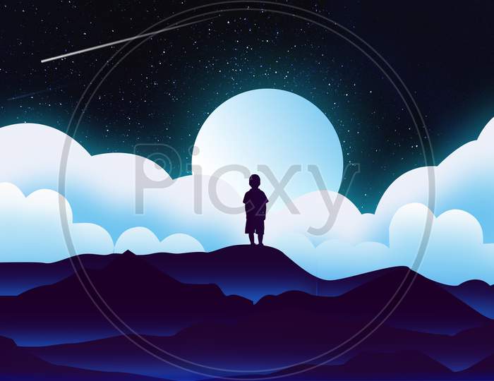 Landscape Silhouette Night Art Of A Boy Standing on The Rock Besides The Cosmic Starry Night And The Moon With A Comet And White Clouds.