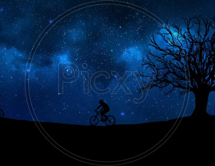 Landscape Silhouette Of Two Cyclist Cycling In The Forest Behind Fascinating Starry Cosmic Sky During Night.