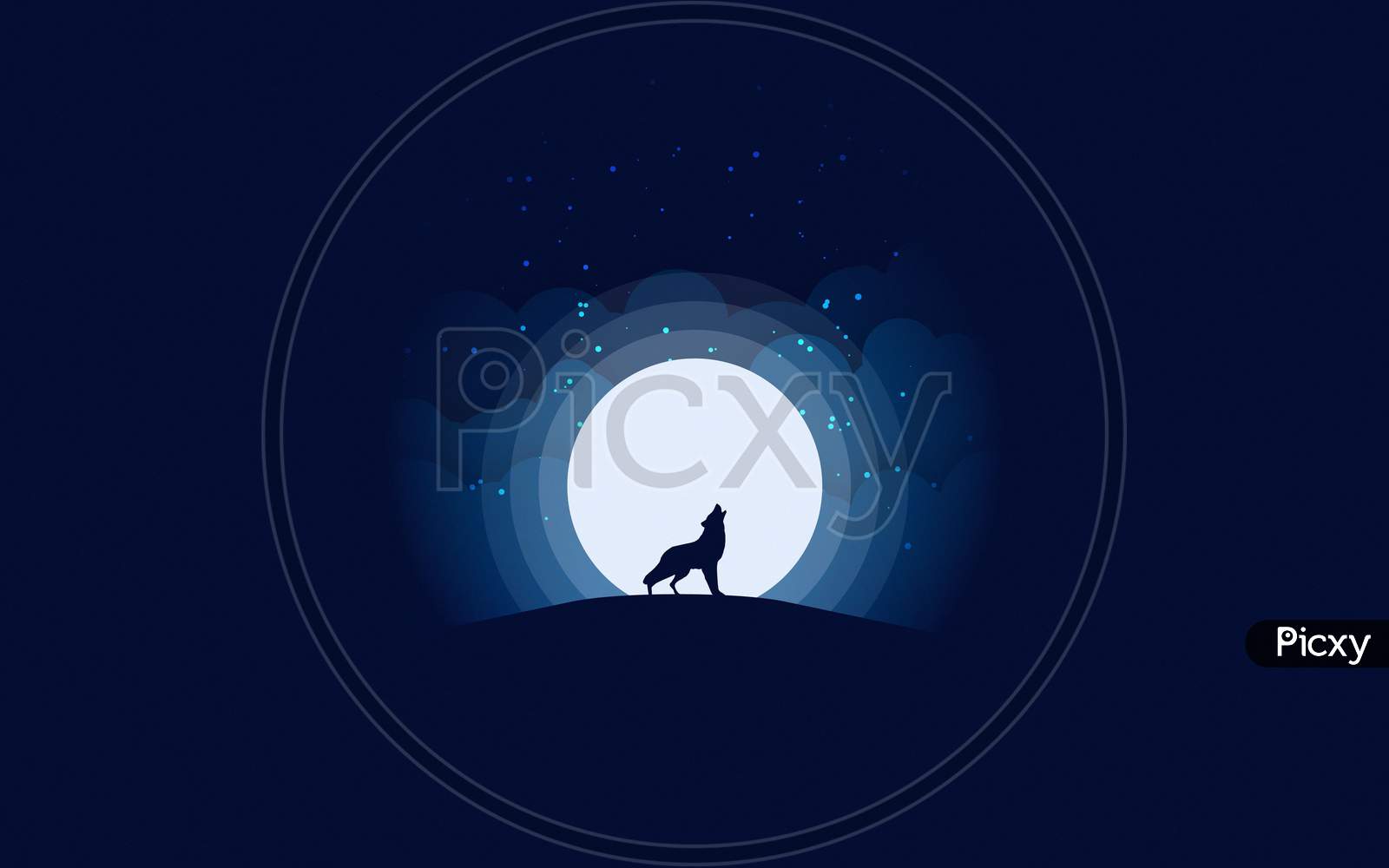 Digital Art Illustration Of An Howling Fox In The Cliff Besides Moon With Blue Background.