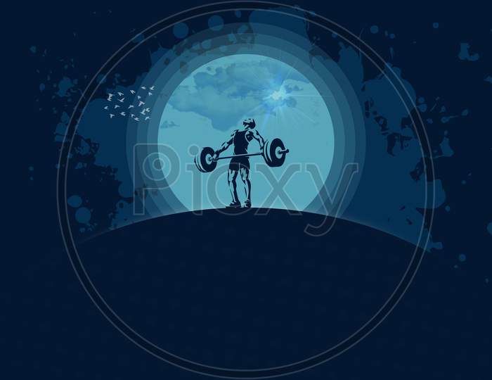 Graphical Design Of An Weight Lifting Athlete Besides The Moon With Dark Blue Colored Texture.