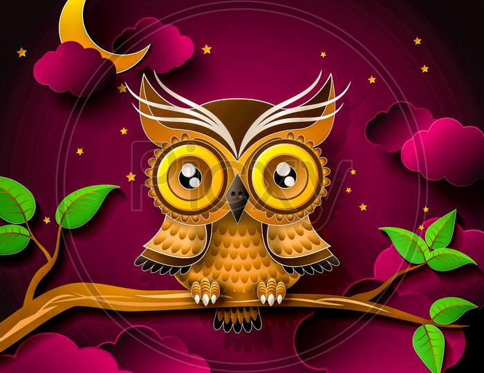 Digital Illustration Of An Owl sitting on a branch Of A Tree Besides Stars, Moon And Clouds on a purple background.