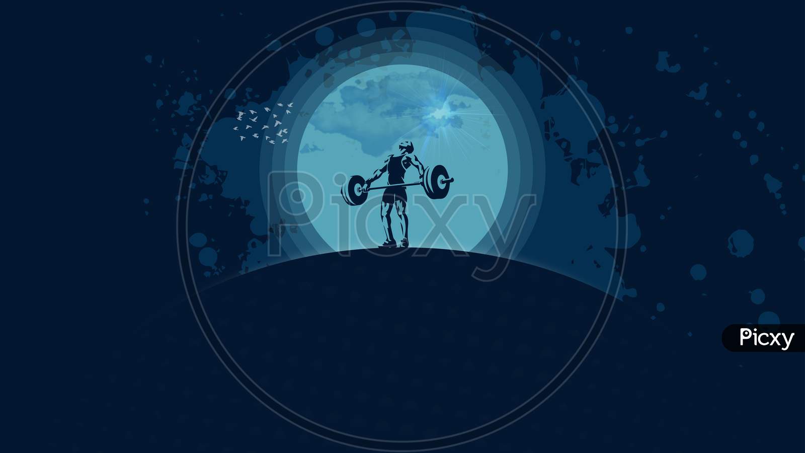 Graphical Design Of An Weight Lifting Athlete Besides The Moon With Dark Blue Colored Texture.