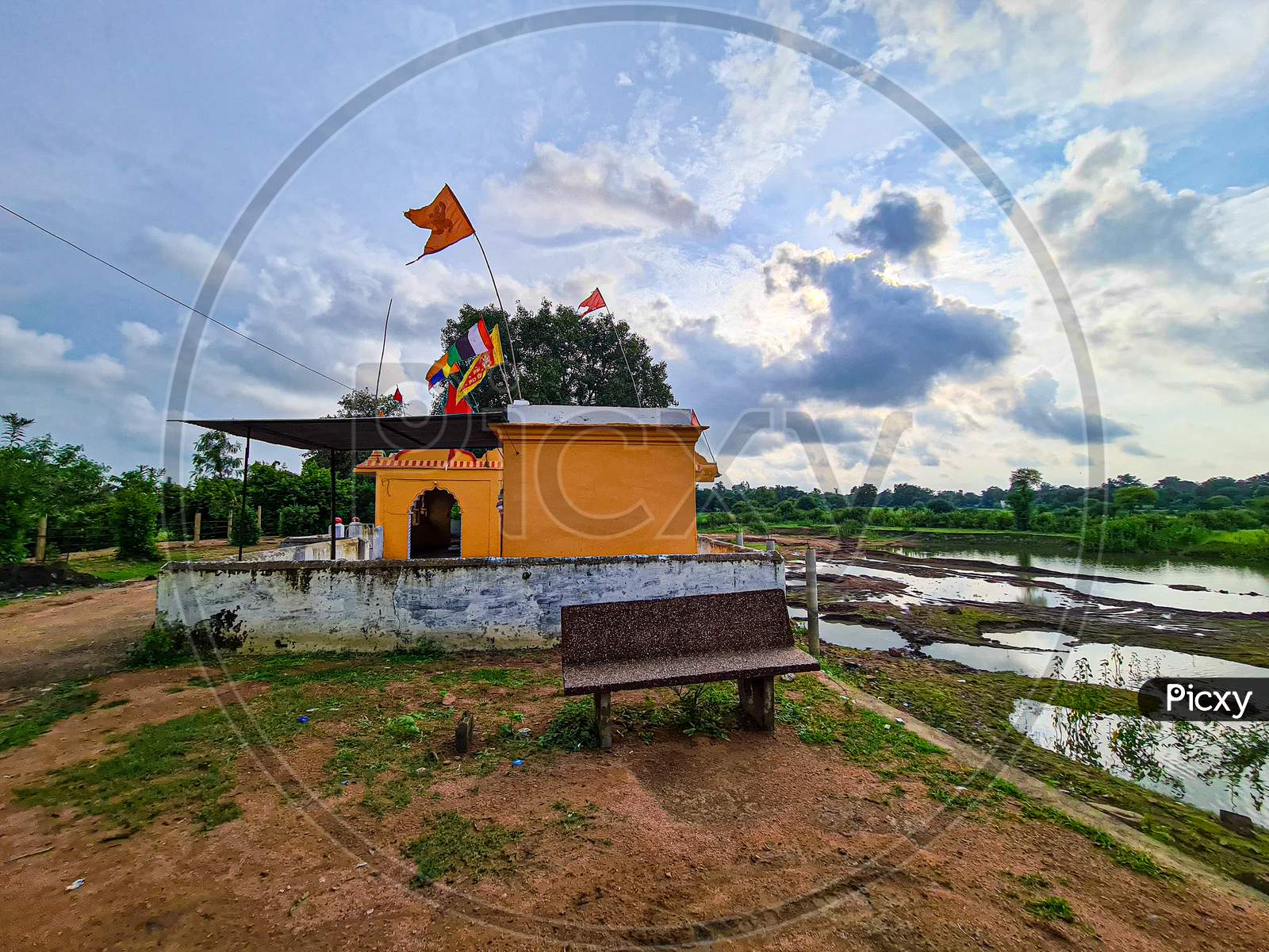 Hindu temple with pond