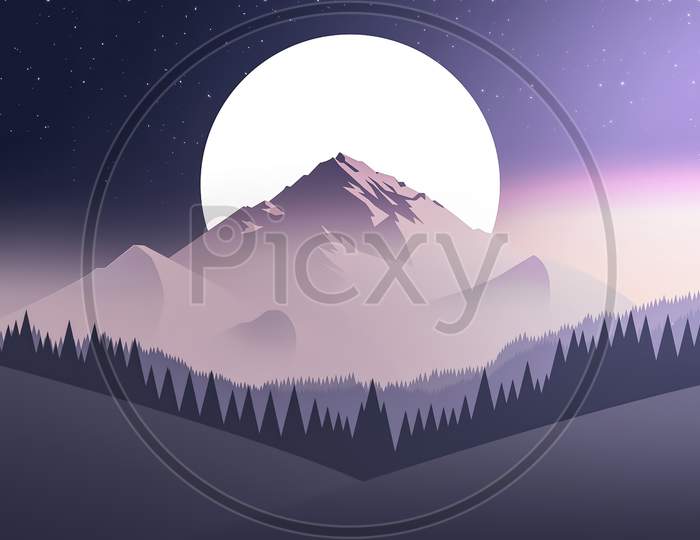 A Digital Painting Of Everest With Starry Night And Nearby Forest Besides The Moon.