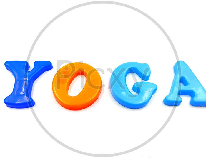 colourful yoga word isolated on white background