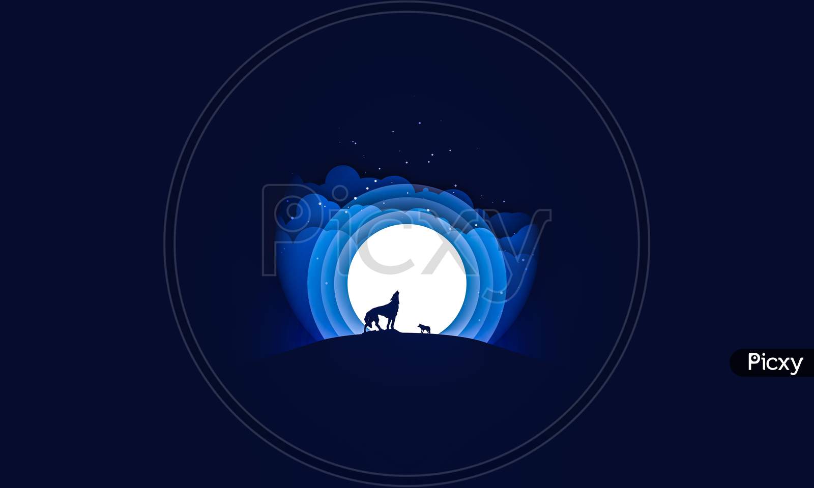 Digital Art Illustration Of An Howling Fox In The Cliff Besides Moon With Blue Background.