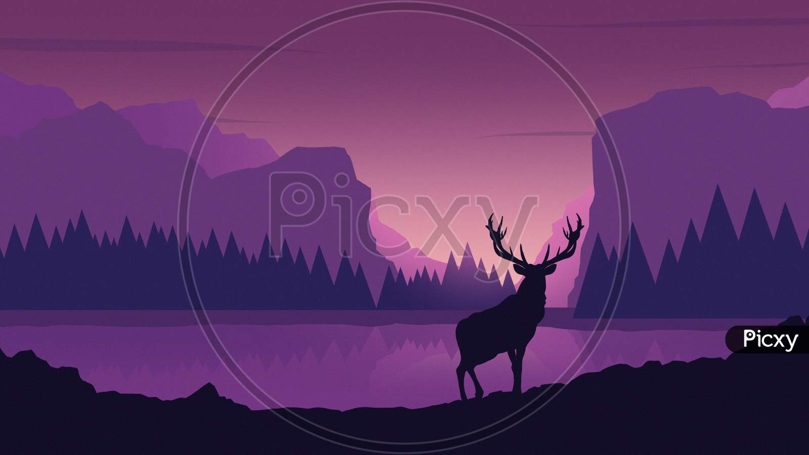 Abstract Landscape Illustration Of An Rain Deer In Jungle With Purple And Black Texture.