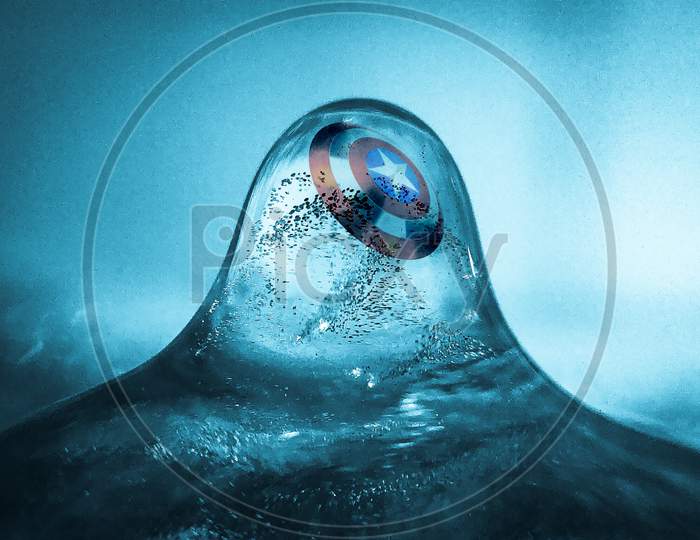 captain america shield in ice, creative photography