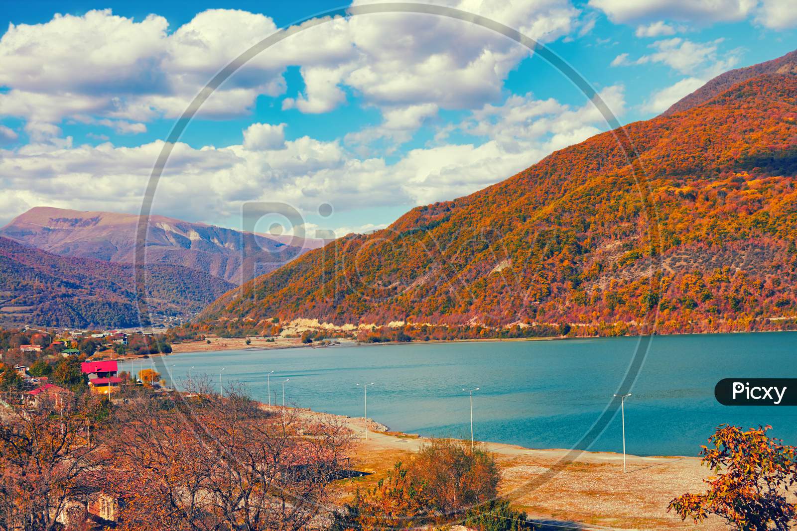 Beautiful Autumn Panoramic View Of Zhinvali Reservoir In Georgia Country, Europe