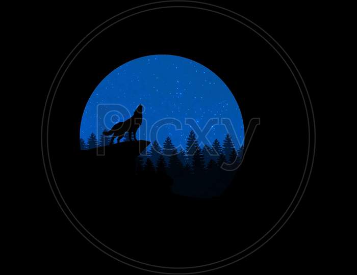 Digital Illustration Of A Howling Wolf Standing On Cliff In The Starry Sky In A Jungle Besides Black Background.
