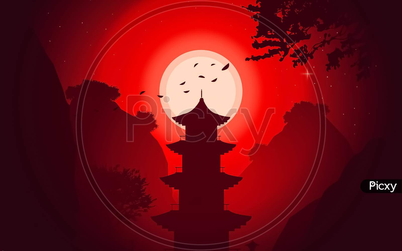 Digital Art Illustration Of An Japanese Pagoda : Long Old Japanese Towers Behind The Sun With Trees And Mountains With Red Texture.