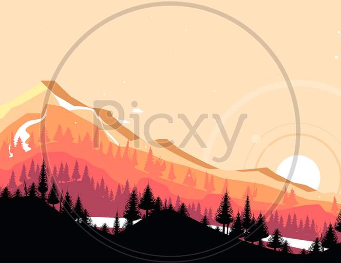 Digital Art Illustration Of An Mountain With Short Cliffs And Trees Besides The Sun During Sunset With Orange Texture.