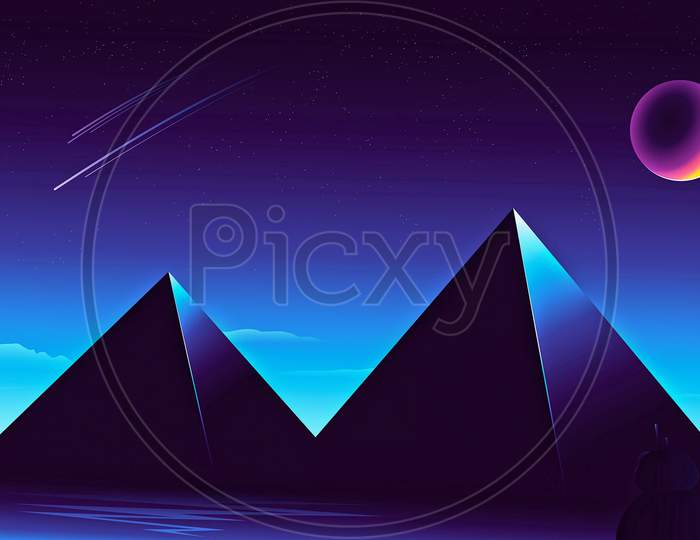 Digital Art Illustration Of Two Pyramids In Desert With Starry Night And Falling Comets Beside Multi Color Moon.