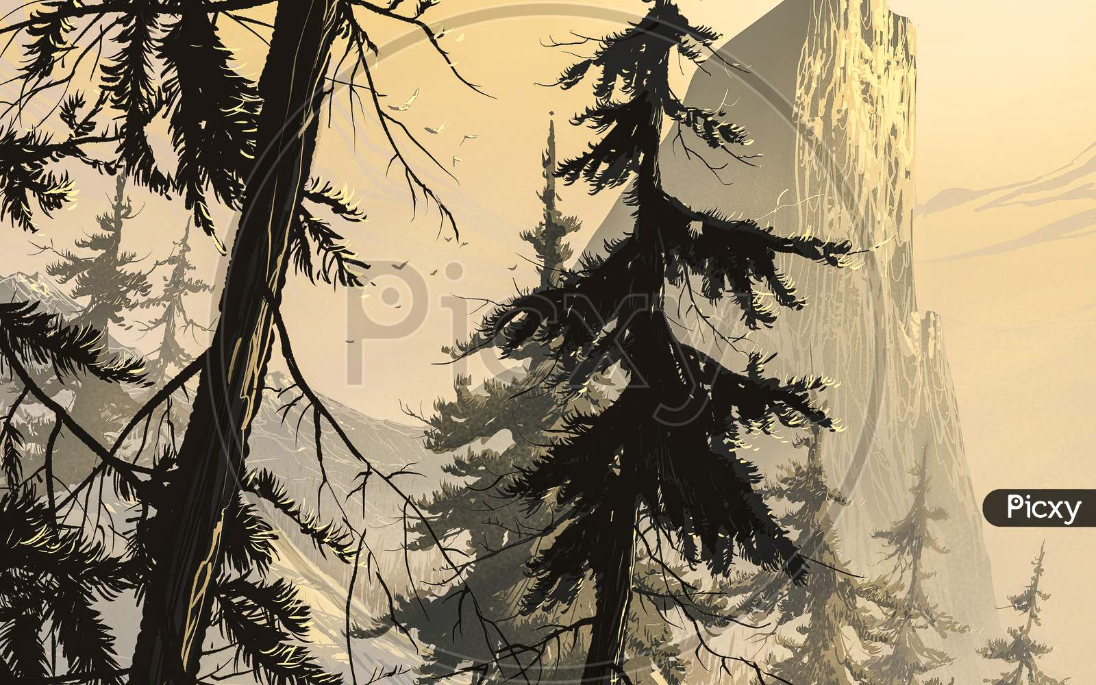 Landscape Illustration Of Forest Trees Beside A Mountain.