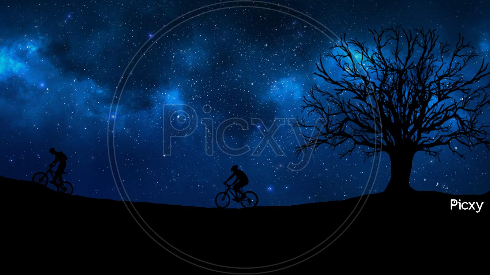 Landscape Silhouette Of Two Cyclist Cycling In The Forest Behind Fascinating Starry Cosmic Sky During Night.