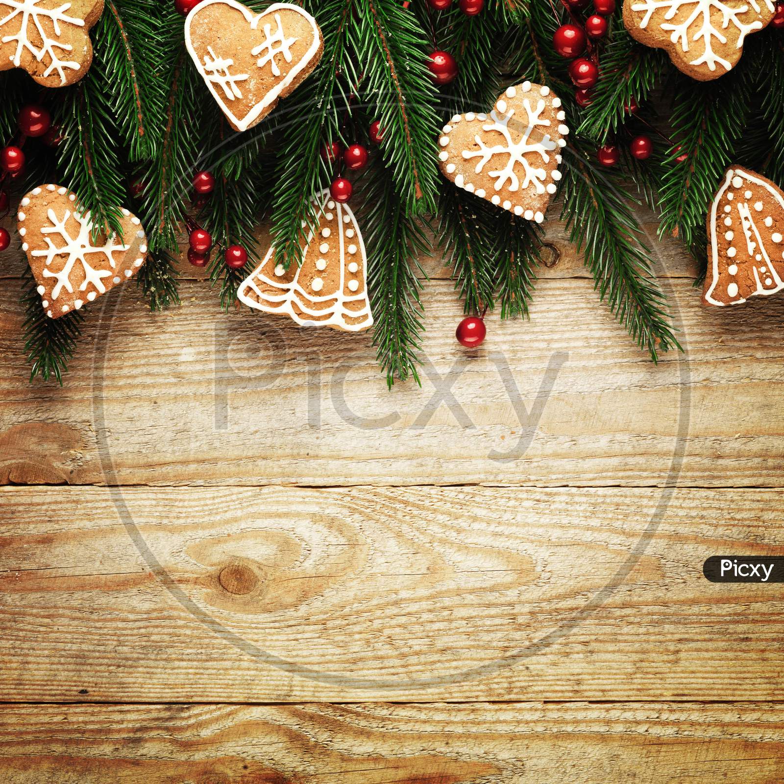 Christmas Fir Tree With Decoration On A Wooden Board