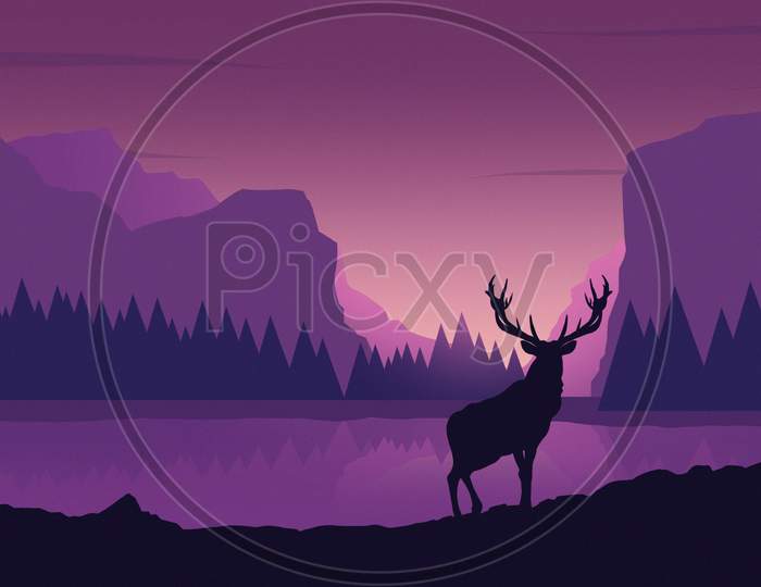 Abstract Landscape Illustration Of An Rain Deer In Jungle With Purple And Black Texture.