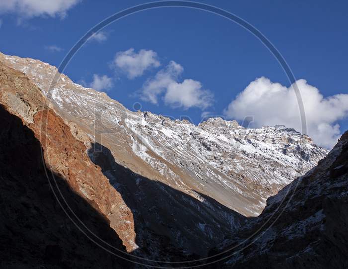 High Altitude Peaks And Its Shadow In A Cold Sunny Day In The Himalaya In Ladakh