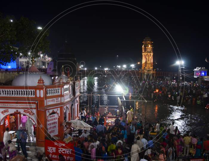 Night View Of Goddess Ganga Temple At Har Ki Pauri Ghat Haridwar,Uttrakhand,India
