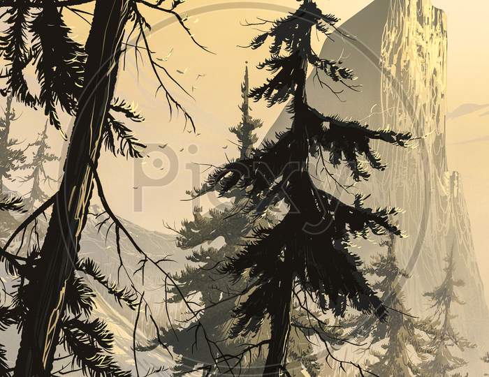 Landscape Illustration Of Forest Trees Beside A Mountain.