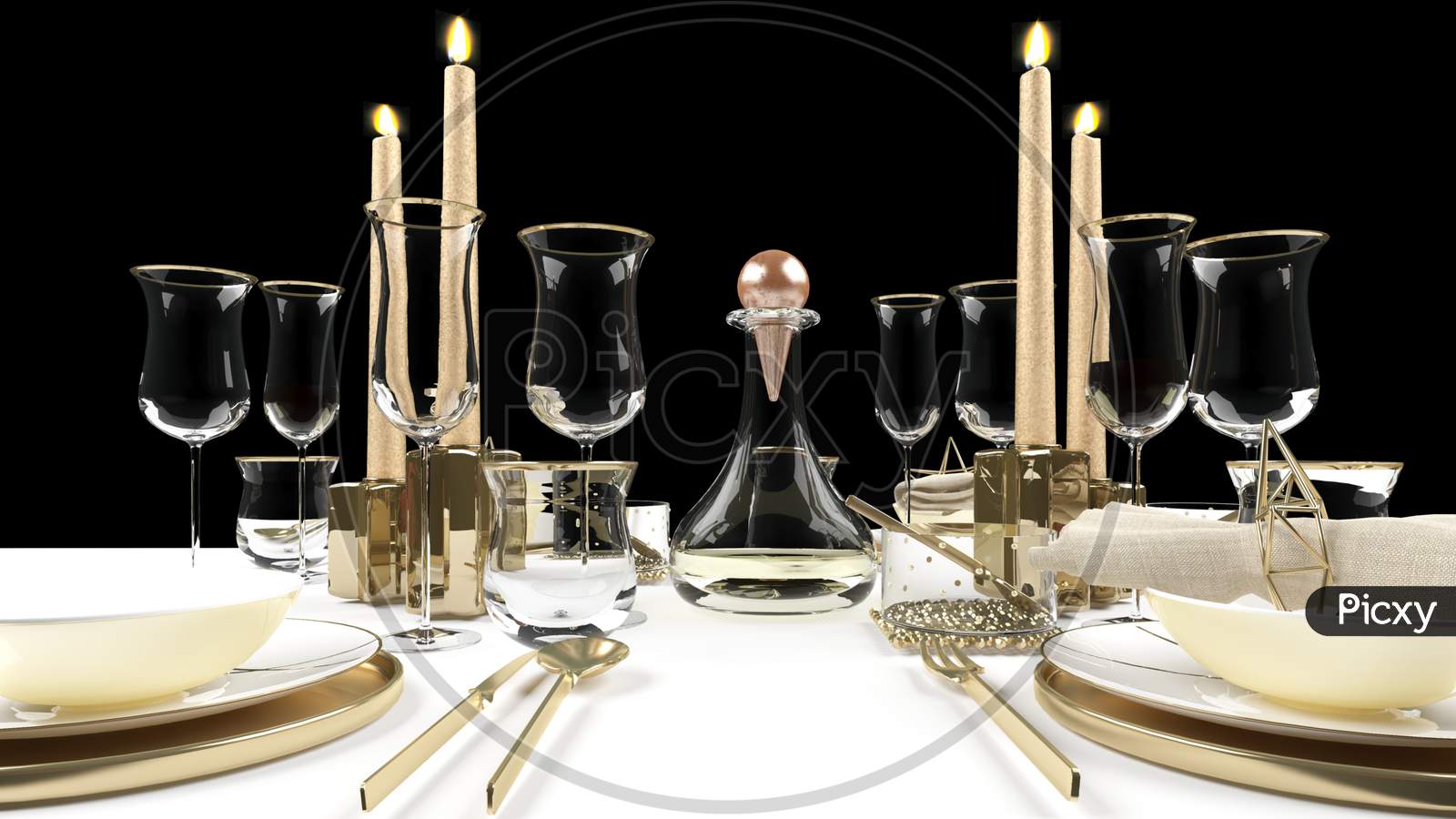 Glasses Candles Gold pleats Dining Dinner fire white Black Background Wines food spoons STAND