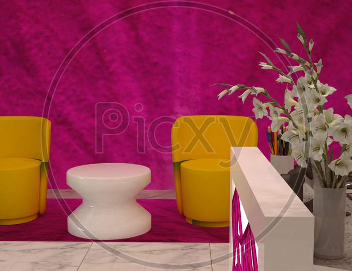 3D render office interior competitions with white and purple. .