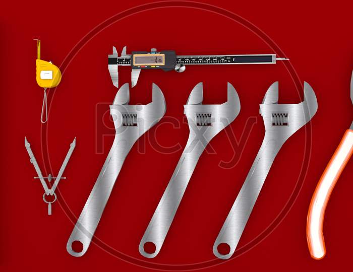 Set Of Tools , Set Of Tools Isolated On Red Background