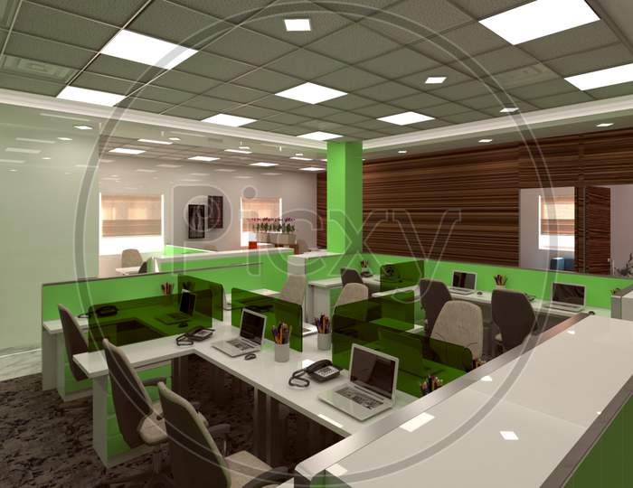 3D render office interior competitions with white and lime color.