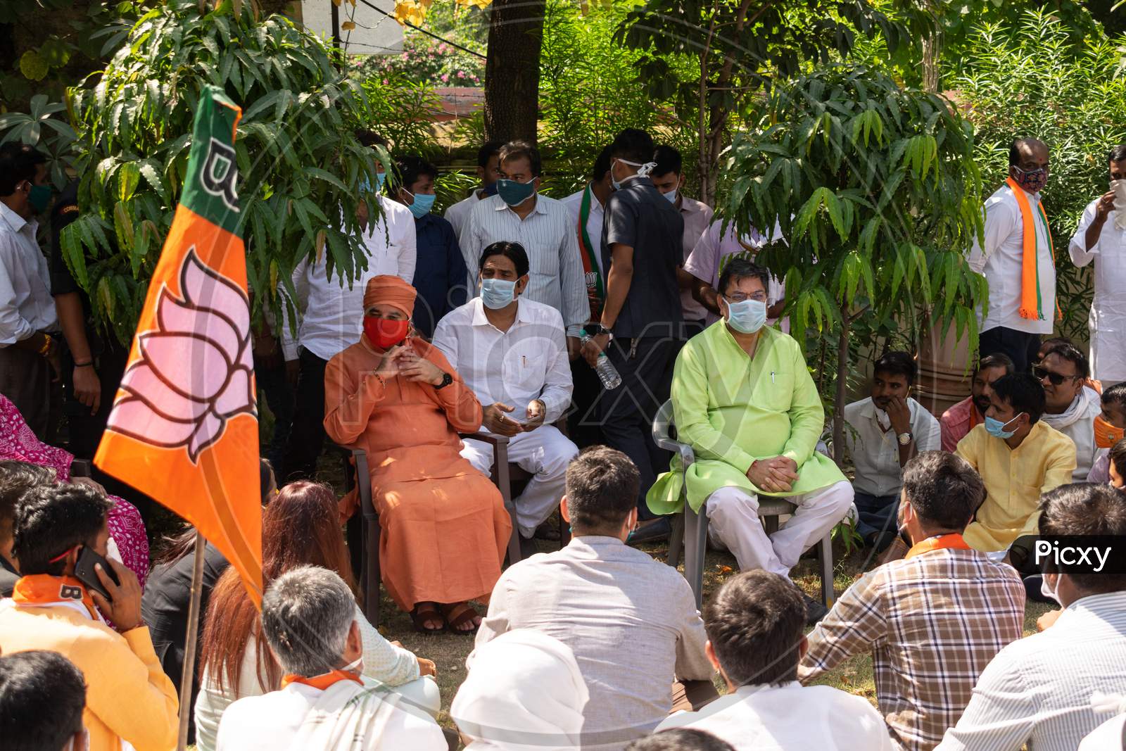 Satish Poonia, head of Bharatiya Janata Party, Rajasthan, addressing BJP supporters after 'Halla Bol' protest in regarding the failures of the state government in crime prevention against women, Jaipur, 5 October, 2020