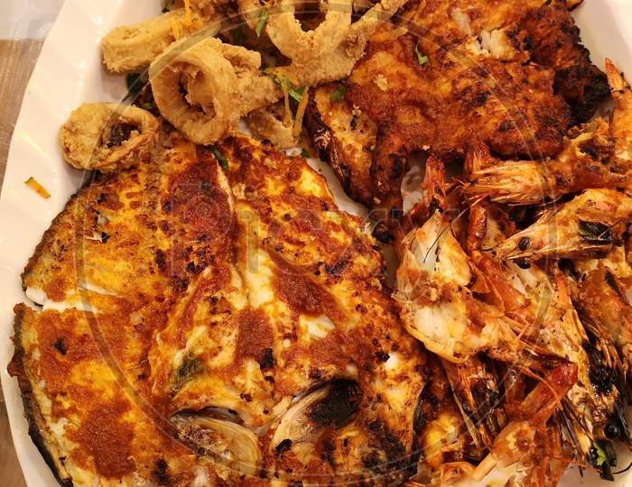 Mixed grilled seafood dish