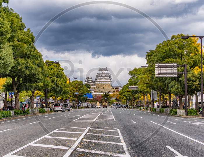 Himeji City In Hyogo Prefecture Of Japan With Street Level View Of Himeji Castle