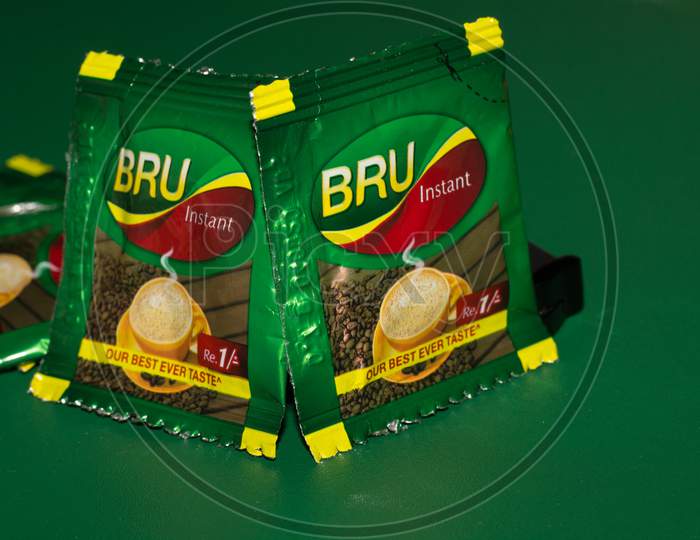 Closeup Of Bru Instant Coffee Pack Isolated On Green Background