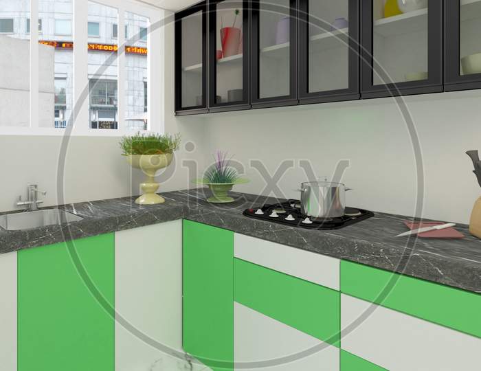 3D Rendered Kitchen Compositions With White And Lime Colour Shed.