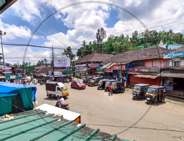 Meppadi, Kerala / India - 09.28.2020 : Landscape View Of Small Busy Meppadi Town Near Kalpetta In Wayanad.