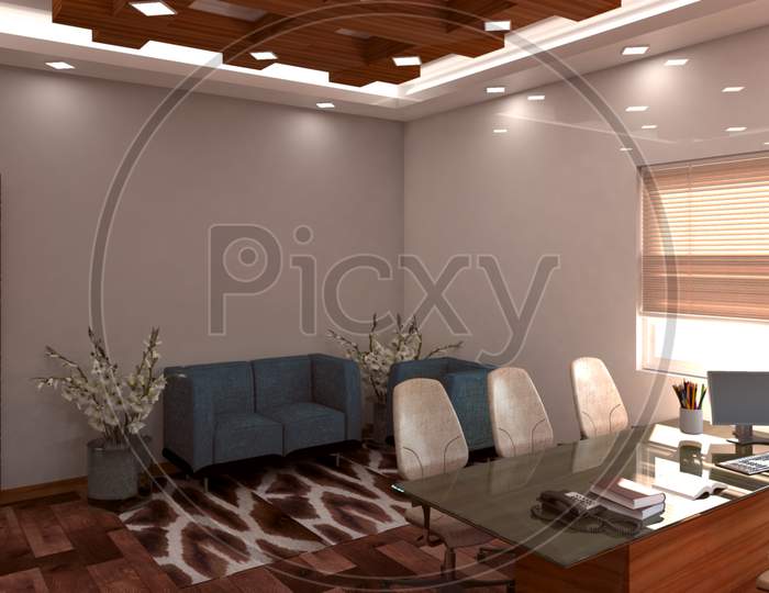3D render office interior competitions with white and wood.
