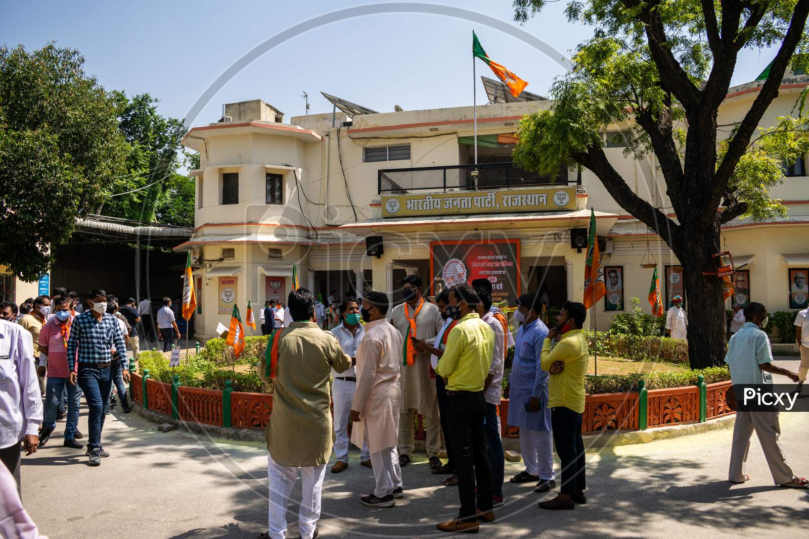 Bhartiya Janta Party BJP supporters gather at State BJP office to join the 'Halla Bol' protest in regarding the failures of the state government in crime prevention against women, Jaipur, 5 October, 2020