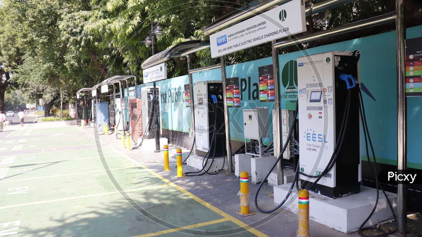 New Delhi / India - Oct 8 2020: Drivers Electric Car charging station, this Charging stations around government offices have been used by government fleet vehicles.
