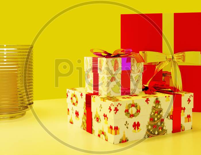 Christmas-Gifts With Candle And Christmas Tree On Yellow Background.