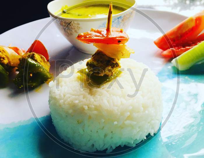 Lunch time steamed rice with paneer