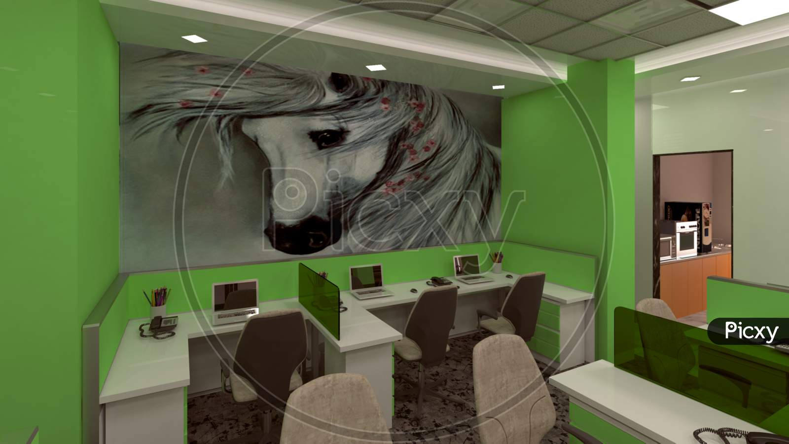 3D render office interior competitions with white and lime. .