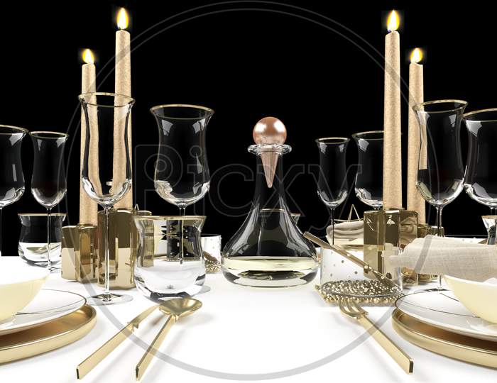 Glasses Candles Gold pleats Dining Dinner fire white Black Background Wines food spoons STAND