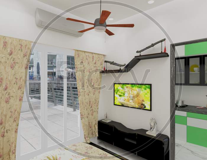 3D Render Bedroom Tv Unit With Decorative Materials.