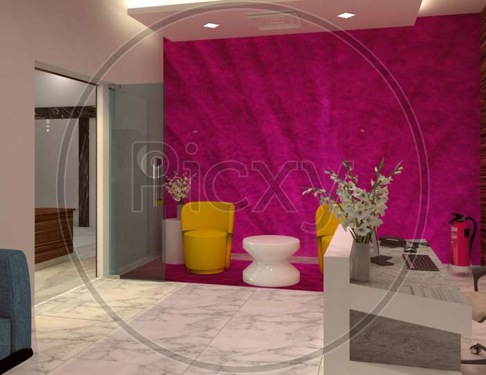 3D render office interior competitions with white and purple. .